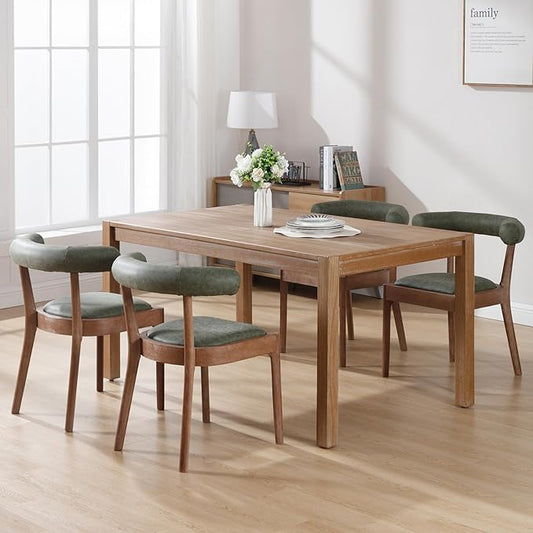 Wood Dining Chairs Set of 4, Mid Century Modern Living Room Chairs with Unique Curved Open Back Comfy Upholstered Side Chair for Kitchen/Restaurant/Reception, Faux Leather Green