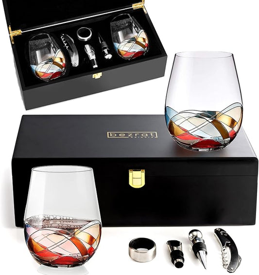 Stemless Wine Glasses Gift Set 2 Hand Painted Large Premium Red and White glasses Wine Lover Birthday Gift Box Mom Wife Sister, Bezrat