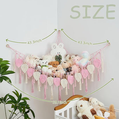 Pretty Jolly Stuffed Animal Storage with Hand Woven Leaf Tassels Hammock Corner Hanging Net Boho Macrame Plush Storage for Kid Room Nursery Wall Display Organizer for Girls Boy Gift(Light Pink)