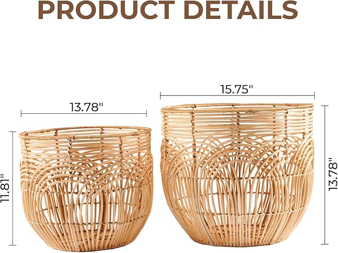 Set Of 2 Large Woven Blanket Baskets | Round Wicker Rattan Storage Floor Baskets for Shoe In Living Room | Extra Big Boho Rattan Laundry For Pillow, Blanket, Clothes