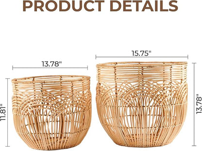 Set Of 2 Large Woven Blanket Baskets | Round Wicker Rattan Storage Floor Baskets for Shoe In Living Room | Extra Big Boho Rattan Laundry For Pillow, Blanket, Clothes