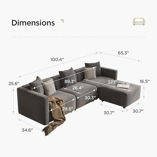 Acanva Luxury L-Shaped Upholstery Convertible Modular Sectional Sofa, Contemporary Reversible Couch with Chaise Lounge for Living Room, Apartment, 4 Piece Set, Suedette Dark Grey