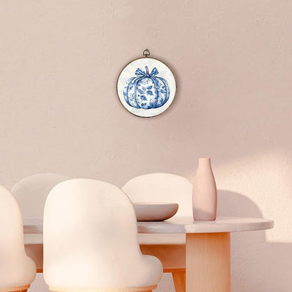 Hxlac Chinoiserie Pumpkin Fall Round Wall Art Framed, Blue and White Porcelain Pumpkin Round Wall Decor, Autumn Halloween Hanging Canvas Prints Wall Sculptures for Home Room Decor, 10x10 Inch