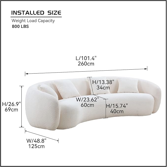 KEIKI 103" Boucle Half Moon Curved Sectional Sofa with 4 Throw Pillows, Modern Style 5-Seater Teddy Fleece Leisure Couch with Curved Backrest, Easy Assembly, for Apartment, Living Room, Bedroom, White