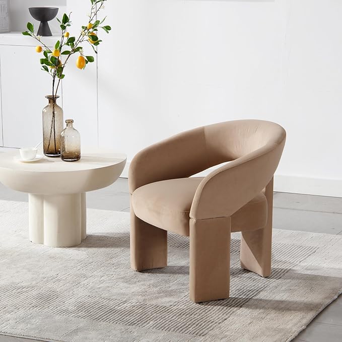 Modern Accent Chair Khaki Velvet Round Barrel Armchair Comfy Upholstered Lounge Chair for Living Room Bedroom Reading Chair Vanity Chair Comfy Office Waiting Room Chairs