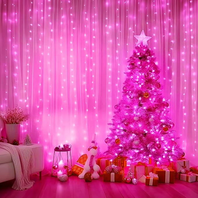 Minetom Curtain Lights, 300 LED Dimmable Fairy Lights with Remote and Timer, 8 Modes, USB Powered String Lights for Room Wall Party Xmas Indoor Decor, Pink