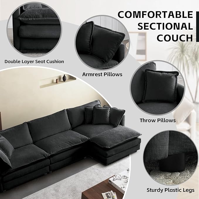 SoarFlash Chenille Sectional Sofa, Comfy L Shaped Modular Coush Sofa with Ottoman, Modern 3 Seat Couch Deep Seat Sofa Set for Living Room,Grey