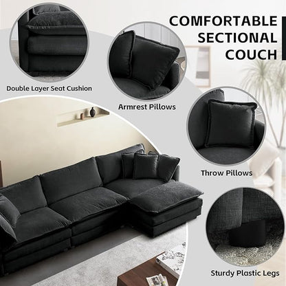 SoarFlash Chenille Sectional Sofa, Comfy L Shaped Modular Coush Sofa with Ottoman, Modern 3 Seat Couch Deep Seat Sofa Set for Living Room,Grey