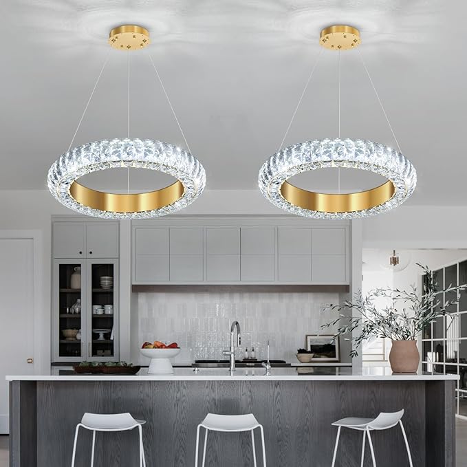 16" Ring Modern LED Dimmable Crystal Chandelier Adjustable Height Pendant Light Round Crystal Chandelier Light Fixtures for Dining Room Living Room Kitchen Island Gold