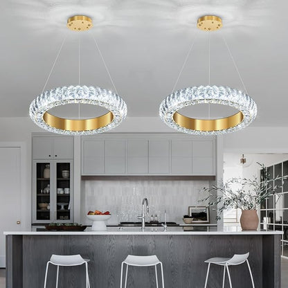 16" Ring Modern LED Dimmable Crystal Chandelier Adjustable Height Pendant Light Round Crystal Chandelier Light Fixtures for Dining Room Living Room Kitchen Island Gold