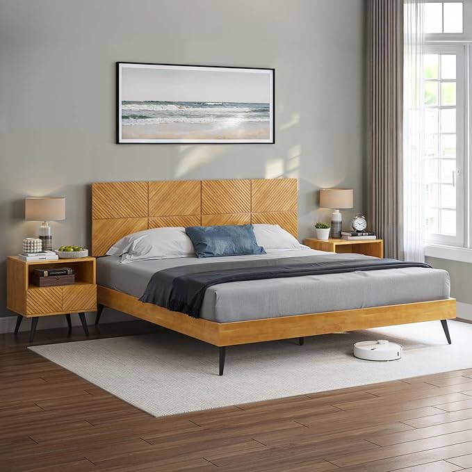 Bme Rhombus King Bed Frame – Solid Acacia Wood with Geometric Rhombus Headboard, Teak Brown Finish, Scandinavian Modern Platform Bed with Sturdy Slats & Metal Legs, No Box Spring Needed
