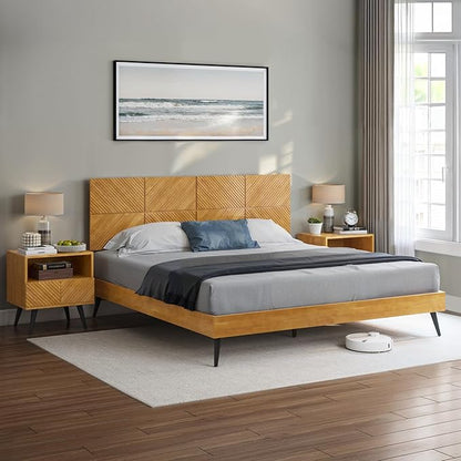 Bme Rhombus King Bed Frame – Solid Acacia Wood with Geometric Rhombus Headboard, Teak Brown Finish, Scandinavian Modern Platform Bed with Sturdy Slats & Metal Legs, No Box Spring Needed