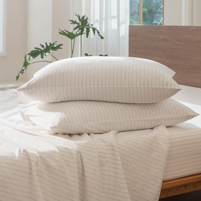 MooMee Striped Duvet Cover Set 100% Washed Cotton Linen Like Textured Breathable Durable Soft Comfy (White Almond Milk Grey Wide Stripes, Full 80"x90")