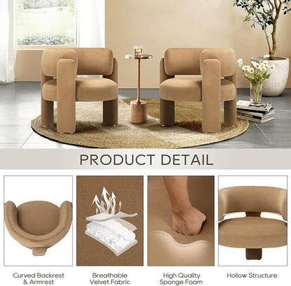 COLAMY Modern Velvet Accent Chair, Upholstered Barrel Chair, Comfy Side Arm Chair with 3 Legs for Living Room, Bedroom, Reading, Khaki