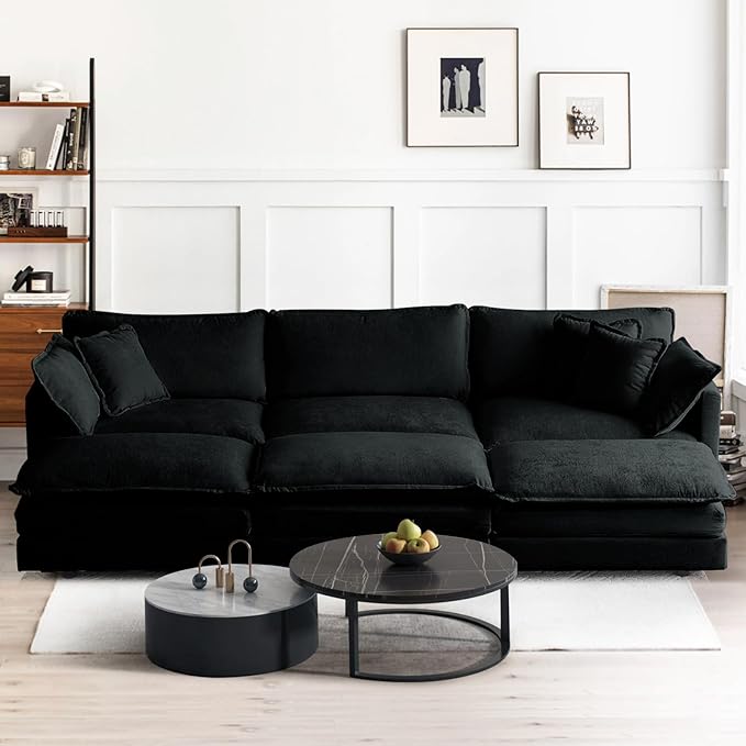SoarFlash Chenille Sectional Sofa, Comfy Modular Coush Sofa with Ottoman, Modern 3 Seat Recliner Deep Seat Sofa Set for Living Room,Black