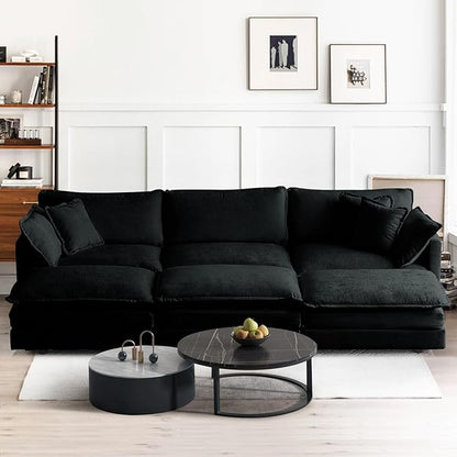 SoarFlash Chenille Sectional Sofa, Comfy Modular Coush Sofa with Ottoman, Modern 3 Seat Recliner Deep Seat Sofa Set for Living Room,Black