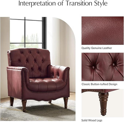 HULALA HOME Mid Century Modern Leather Club Chairs, Top-Grain Genuine Leather Armchairs with Button-Tufted Back & Solid Wood Legs, Accent Chairs for Living Room/Bedroom/Home Office, Burgundy