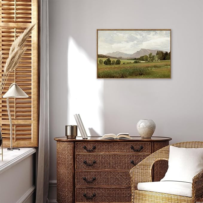 KBKBART Framed Vintage Landscape Wall Art Prints, Retro Muted Green Forest Valley Nature Wilderness Canvas Painting, Farmhouse Decor Wall Art for Bedroom, Bathroom,Vintage Wall Decor(16"x24")