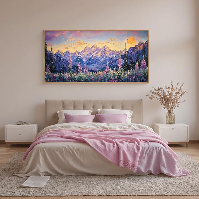 HOURIA Purple Sunset Mountain Landscape Framed Canvas Wall Art Set,Nature Pine Tree Wildflowers Wall Decor,Golden Sunlight Wall Painting,Modern Field Art Prints for Living Room, Bedroom-20 x40 x1
