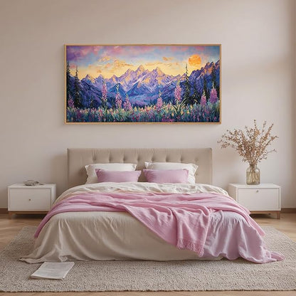 HOURIA Purple Sunset Mountain Landscape Framed Canvas Wall Art Set,Nature Pine Tree Wildflowers Wall Decor,Golden Sunlight Wall Painting,Modern Field Art Prints for Living Room, Bedroom-20 x40 x1