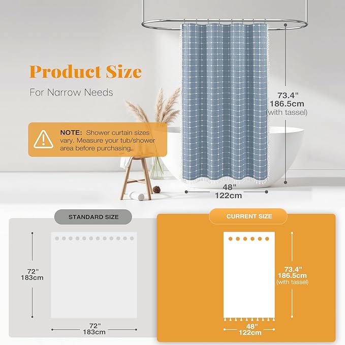 BTTN Boho Shower Stall Curtain - 48x72 Narrow Linen Ultra Thick Tassel Fabric Cloth Shower Curtain Set with 8 Plastic Hooks, Half Camper RV Modern Farmhouse Country Shower Curtains for Bathroom, Blue