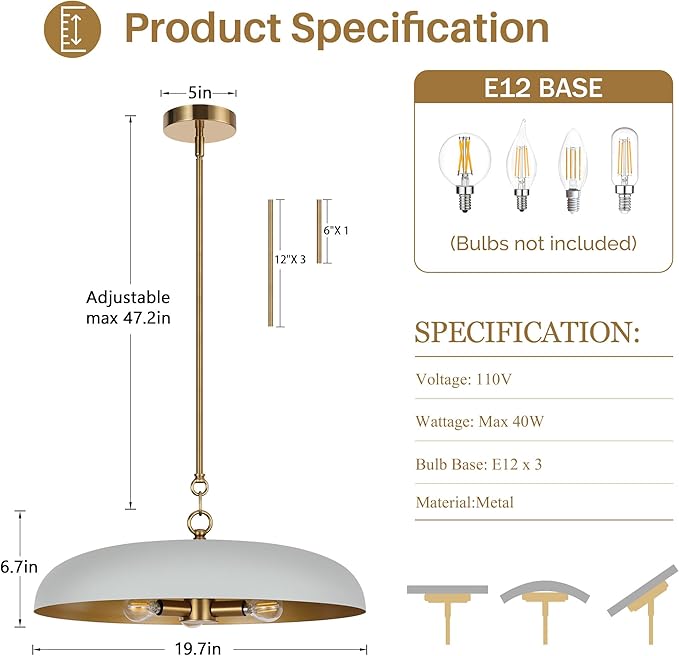 LamQee 20 Inch Oversized Large Pendant Lights, 3-Lights Gray and Gold Modern Dome Chandelier, Nordic Metal Pendant Lighting Fixture Ceiling Hanging for Kitchen Island, Dining Room Over Table, Bar