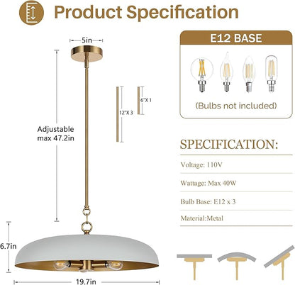 LamQee 20 Inch Oversized Large Pendant Lights, 3-Lights Gray and Gold Modern Dome Chandelier, Nordic Metal Pendant Lighting Fixture Ceiling Hanging for Kitchen Island, Dining Room Over Table, Bar