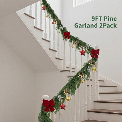 9FT Artificial Norfolk Pine Garlands for Christmas Decorations,Real Touch Winter Faux Greenery Garlands for Mantel Table Stair Fireplace Wall Holiday Indoor Outdoor Decor(2 Pack)