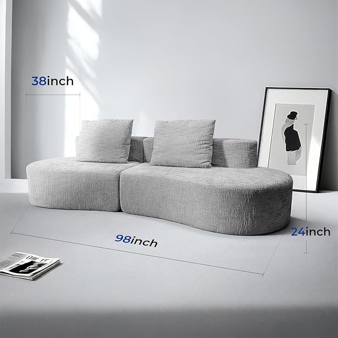 98" Curved Couch with Half Moon Design, Sofa Bed with 2 Throw Pillows & 4 Seaters for Living Room, Office & Apartment,No Assembly Needed(Light Grey)
