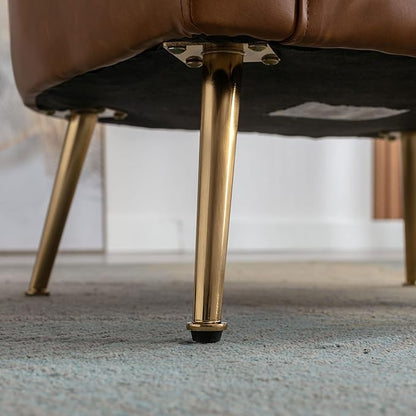 Brown Accent Chair PU Leather Upholstered Living Room Chairs Mid Century Modern Arm Chair w/Golden Legs for Bedroom/Reading/Lounge/Reception