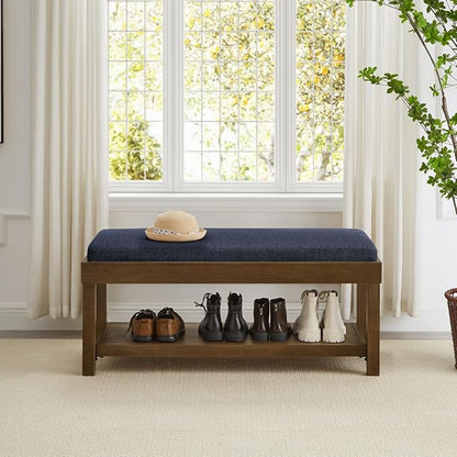 24KF Large Rectangular Storage Bench,Upholstered Seat Cushion,Ottoman Coffee Table with Navy Blue Removable Cushion for Living Room,Entryway Bench Bed Bench with Solid Wood Shelf,5069-Navy Blue