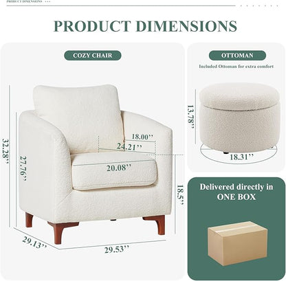 COLAMY Sherpa Accent Chair with Storage Ottoman Set, Upholstered Barrel Arm Chair with Footrest, Modern Living Room Chair with Back Pillow, Cream