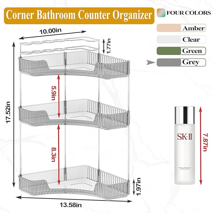 SUNZOS Modern 3-Tier Bathroom Organizer, Corner Makeup Storage with Brush Holder, Acrylic Vanity Organizer, Large Capacity Countertop Organizer for Kitchen, Dresser, Gray
