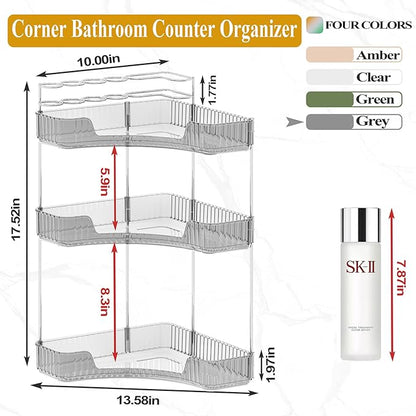 SUNZOS Modern 3-Tier Bathroom Organizer, Corner Makeup Storage with Brush Holder, Acrylic Vanity Organizer, Large Capacity Countertop Organizer for Kitchen, Dresser, Gray