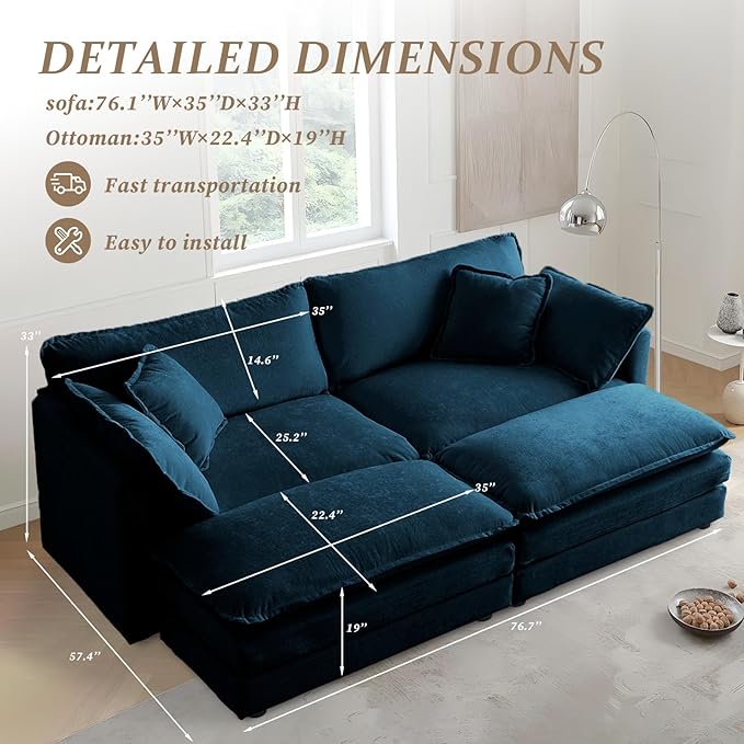 SoarFlash Chenille Sectional Sofa, Comfy Modular Coush Sofa with Ottoman, Modern 2 Seat Recliner Deep Seat Sofa Set for Living Room,Deep Blue