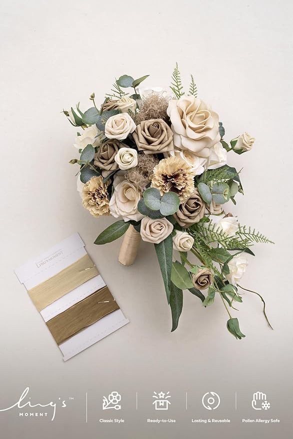 Ling's moment Intimate Brown Bridal Bouquet Cascading, Beige Wedding Bouquets for Bride, 13 Inch Bride Bouquets for Wedding Artificial Flowers Bouquets