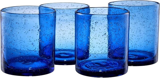 Artland 14oz Double Old Fashion Glass, Set of 4 | Iris Seeded Design, Cobalt Blue | Drinking Glass for Parties and Everyday Use - Mojito, Whiskey, Cocktail | Glassware & Barware Essentials