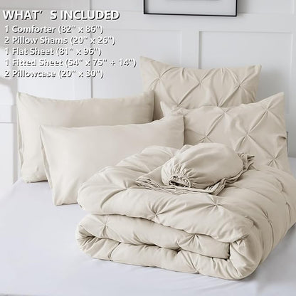 CozyLux Full Size Comforter Sets Beige, 7 Pieces Bed in A Bag Beige Comforter Full Size, Pinch Pleat Bedding Sets with All Season Comforter, Sheets, Pillowcases & Shams