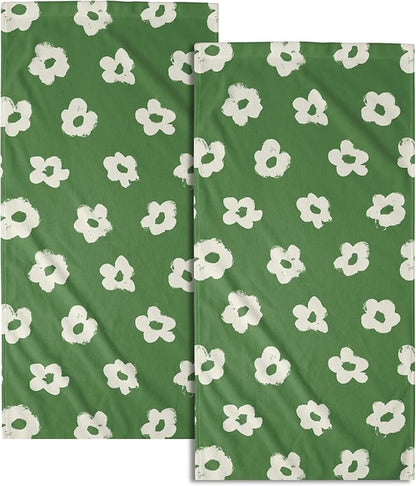 Modern Style Kitchen Towels Set of 2 Green Floral Quick Dry Microfiber Hand Towels