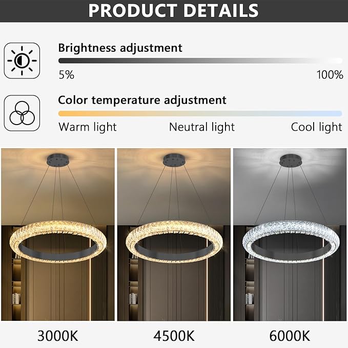 24" Ring Modern LED Dimmable Crystal Chandelier Adjustable Height Pendant Light Round Crystal Chandelier Light Fixtures for Dining Room Living Room Kitchen Island Black