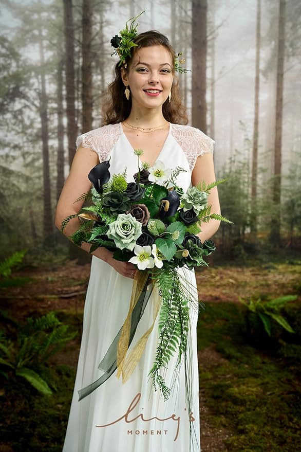 Ling's moment Forest Green Bridal Bouquet Cascading, Emerald Green Wedding Bouquets for Bride, 13 Inch Bride Bouquets for Wedding Artificial Flowers Bouquets