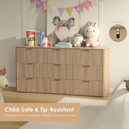 Fluted 9 Drawer Dresser for Bedroom, 63" Wide Modern Chest of Drawers with Faux Marble Top, Curved Corners, Wooden Dresser TV Stand with Organizer Storage for Living Room (Natural Oak, 63" W)