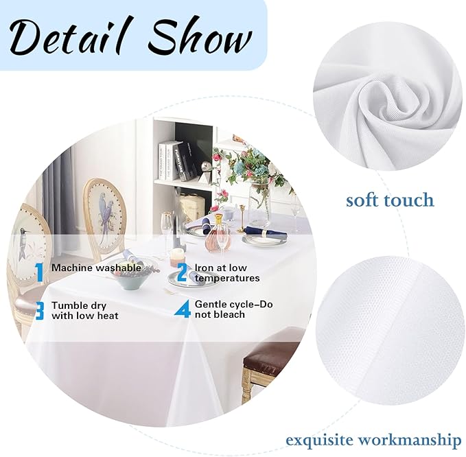 6 Pack White Table Cloth Rectangle Table 60 x 84 Inch Tablecloths for 6 Foot Rectangle Tables. Stain and Winkle Resistant Polyester Washable WhiteTable Cloths for Parties Wedding Dining