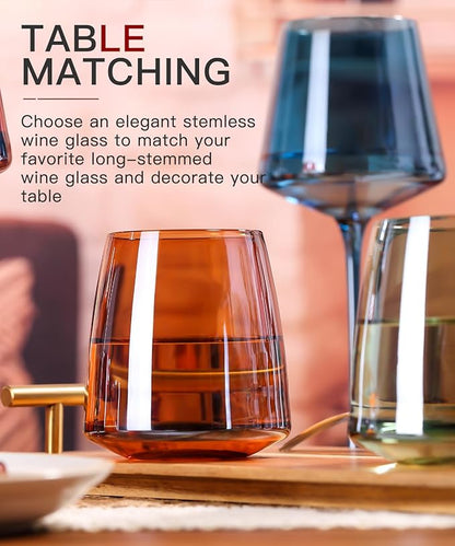 Stemless Colored Wine Glasses Set of 6-15oz Colorful Wine Glasses,Perfect Red Wine Glass Stemware for Wine Lover in Wedding,Engagement Gifts