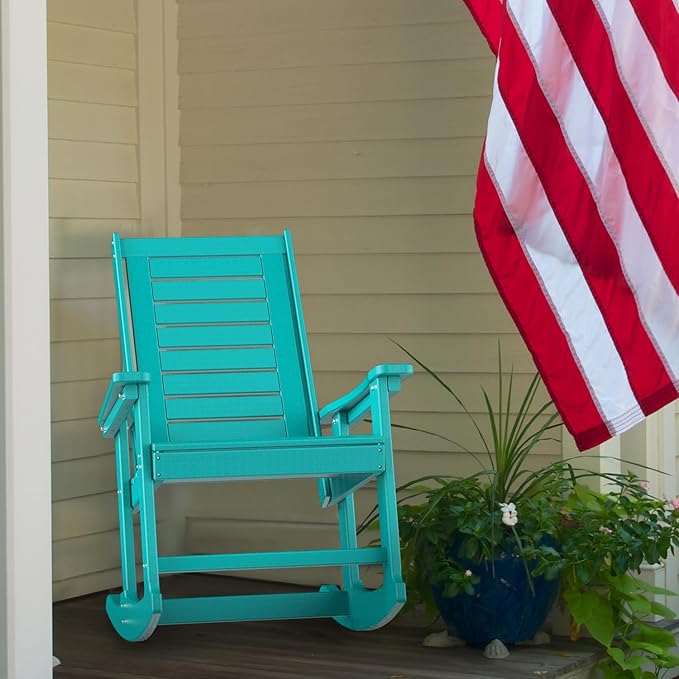 GREENVINES Outdoor Rocking Chairs | Porch Rocker | HDPE Plastic | Aqua | Oversized Rockers | High Back | Big & Tall | Ladder Back | for Patio Outside Backyard Balcony Garden