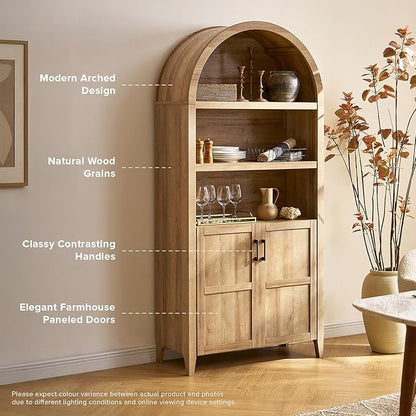 mopio Lauren 77.4" Tall Arched Cabinet, 5-Tier Arched Bookcase with Doors and Adjustable Shelves, Arch Bookshelf with Storage, Wooden Storage Cabinet for Living Room and Kitchen Pantry (Oak)