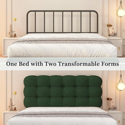 BarnFurin Full Size Bed Frame with Upholstered Headboard, Teddy Soft Boucle Fabric, Platform Bed with Strong Wooden Slats Support, Two Bed Forms Design, No Boxing Spring Needed, Easy Assembly, Green