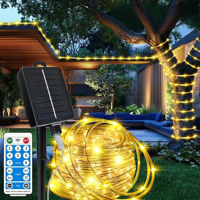 Solar Rope Lights Waterproof 65FT 200LEDs,High Capacity Rechargeable Battery,Dual Charging,Outdoor String Light,Remote-Control,for Pathway Patio Garden Palm Tree Christmas (Brighter - Warm White)