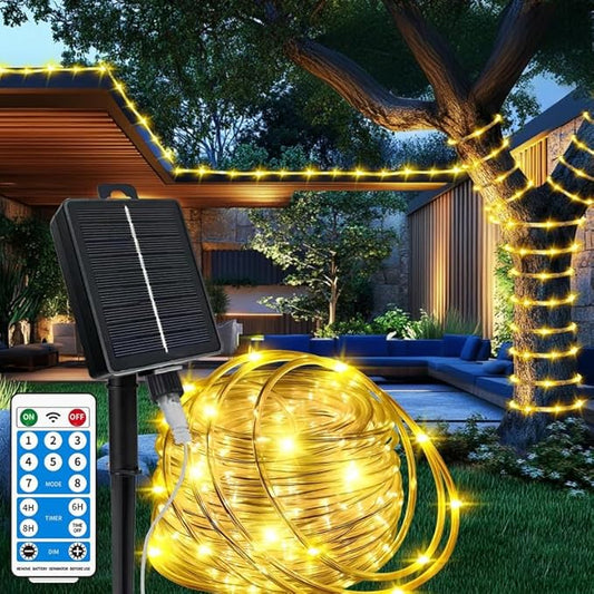 Solar Rope Lights Waterproof 65FT 200LEDs,High Capacity Rechargeable Battery,Dual Charging,Outdoor String Light,Remote-Control,for Pathway Patio Garden Palm Tree Christmas (Brighter - Warm White)