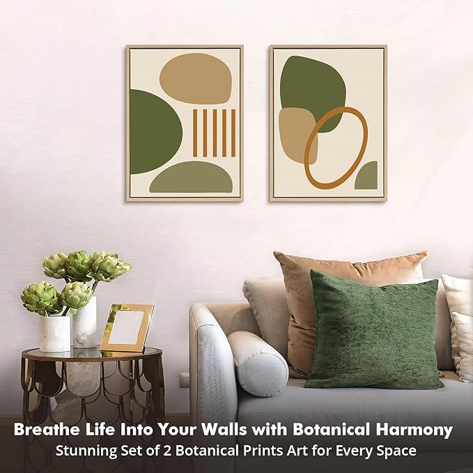 DAJONART Neutral Botanical Wall Art Set of 2,Terracotta & Sage Green Abstract Prints Duo Framed Canvas for Boho, Japandi, and Earth Tone Home Decor, Abstract Earth-Tone Geometric Canvas Art,12x16 in